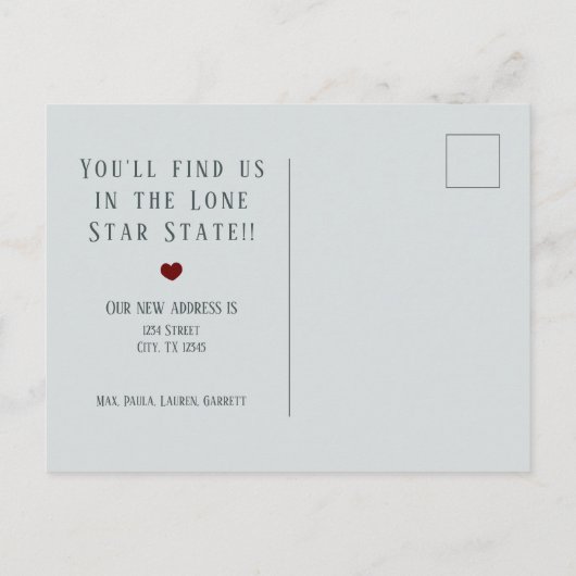 Gulf Coast Blue Linen Heart Texas Moving Aankondigingskaart (Achterkant)