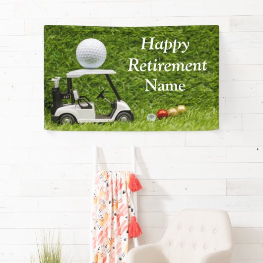 Gulf-gelukkige pensionering met golfkar en bal  spandoek (Insitu)