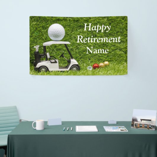 Gulf-gelukkige pensionering met golfkar en bal spandoek (Beurs)