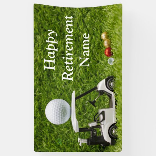 Gulf-gelukkige pensionering met golfkar en bal  spandoek (Verticaal)