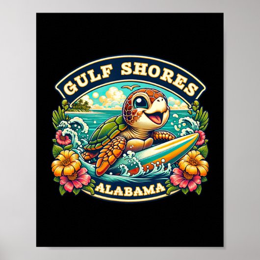 Gulf Shores Alabyma Schattige Zee Turtle Surfing Poster (Voorkant)