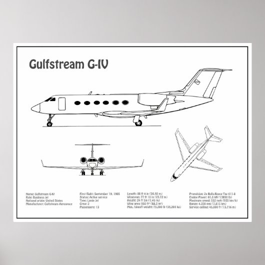 Gulfstream G-IV - Vliegtuigblauwdruk Plannen BD Poster (Voorkant)