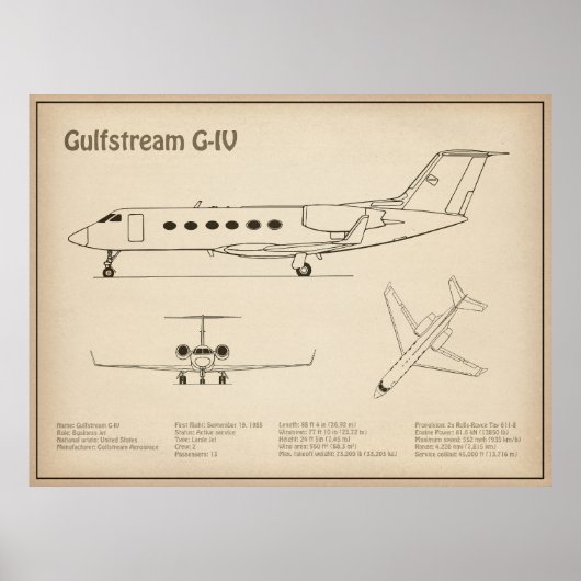 Gulfstream G-IV - Vliegtuigblauwdruk Plannen SD Poster (Voorkant)