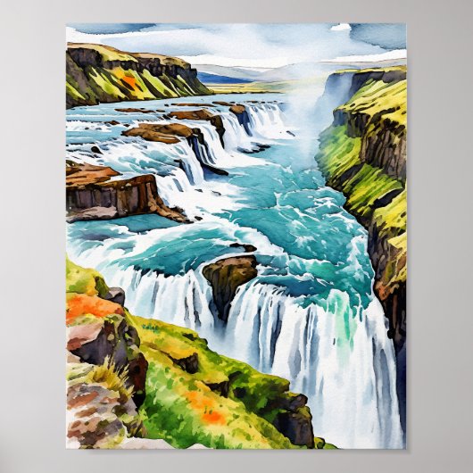Gullfoss IJslandse Waterverf Poster (Voorkant)