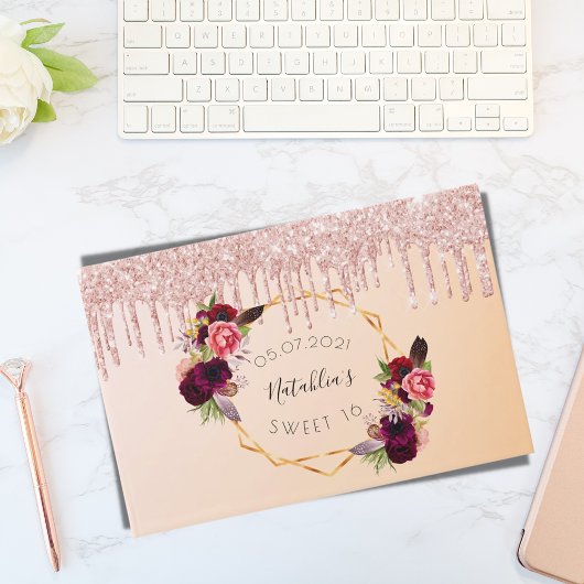 Gultieme glitterdrip voor het roos van 16-jarige v gastenboek