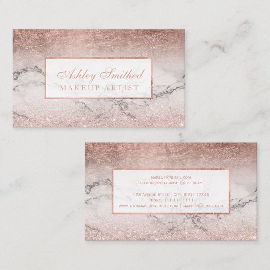 Gulzend roos glitter foil marble ombre mamake up visitekaartje (Voorkant / Achterkant)