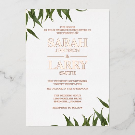 Gum Leaf en Elegant Gold Traditional Wedding Folie Uitnodiging (Voorkant)