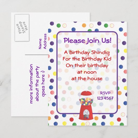 Gumball Invite Uitnodiging Briefkaart (Voorkant / Achterkant)