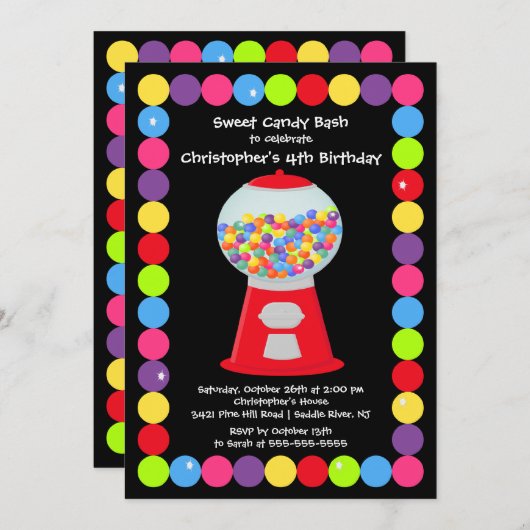 Gumballs Snoep Bash Birthday Party Invitation Kaart (Voorkant / Achterkant)