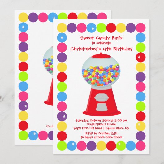 Gumballs Snoep Bash Birthday Party Invitation Kaart (Voorkant / Achterkant)