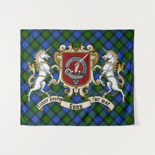 Gunn Clan Badge & Unicorns w/Tartan Wandkleed (Voorkant (horizontaal))