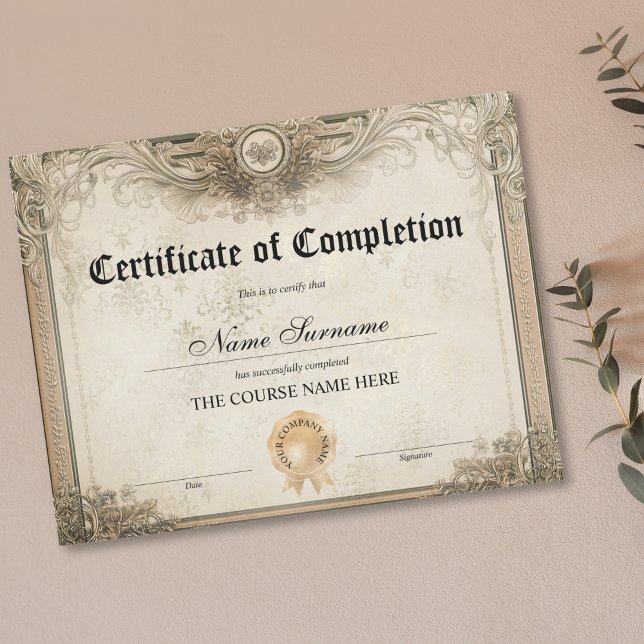 Gunningscursus Diploma Certificate of Completion (CLASSIC ELEGANT BEIGE GOLD ORNATE CERTIFICATE OF COMPLETION)