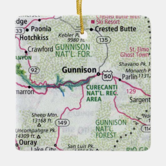 Gunnison CO-kaart Keramisch Ornament (Voorkant)