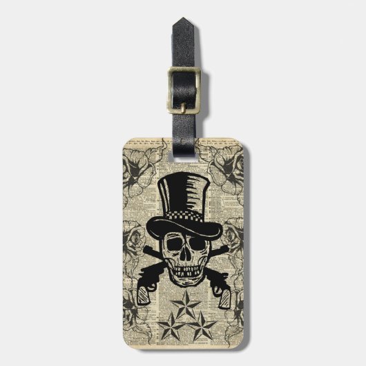 Gunslinger, Happy Skull, Pistolen, Rozen, Gift, Ti Bagagelabel (Voorkant verticaal)