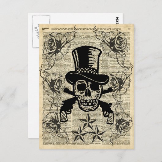 Gunslinger, Happy Skull, Pistolen, Rozen, Gift, Ti Briefkaart (Voorkant / Achterkant)