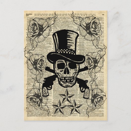 Gunslinger, Happy Skull, Pistolen, Rozen, Gift, Ti Briefkaart (Voorkant)