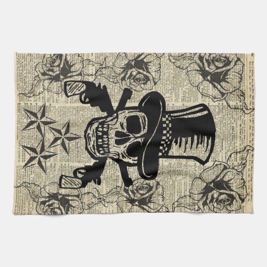 Gunslinger, Happy Skull, Pistolen, Rozen, Gift, Ti Theedoek (Horizontaal)