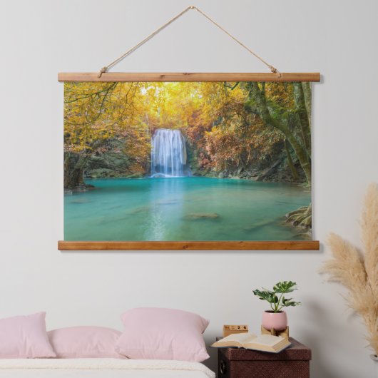 Gushing Waterval Turquoise Water Gouden Herfst Dag Hangend Wandkleed (Slaapkamer)