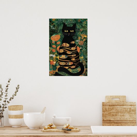  Gustav Klimt Black Cat in een bloementuin Poster (Keuken)