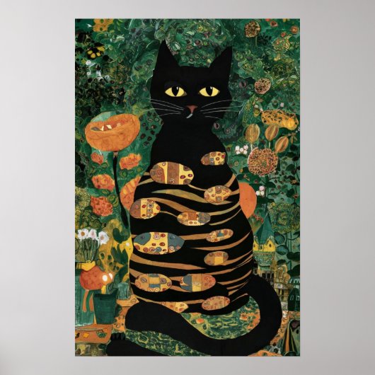 Gustav Klimt Black Cat in een bloementuin Poster (Voorkant)