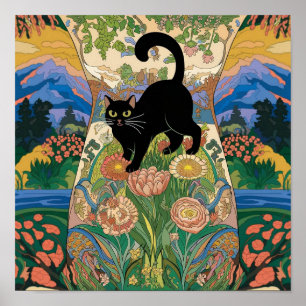 Gustav Klimt Bloem Zwarte Kat Gewijzigde Vintage K Poster