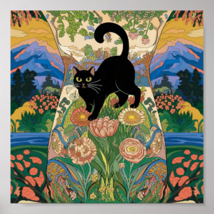 Gustav Klimt Bloem Zwarte Kat Gewijzigde Vintage K Poster