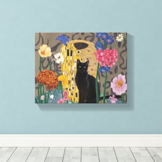 Gustav Klimt Bloemen Zwarte Kat,  eclectisch Canvas Afdruk (Insitu (Houten vloer))