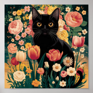 Gustav Klimt Bloemen Zwarte Kat,  eclectisch Poster