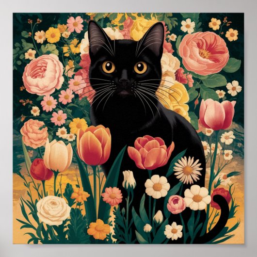 Gustav Klimt Bloemen Zwarte Kat,  eclectisch Poster (Voorkant)
