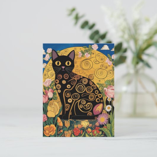 Gustav Klimt Bloemen Zwarte Kat, moderne eclectisc Briefkaart (Staand voorkant)
