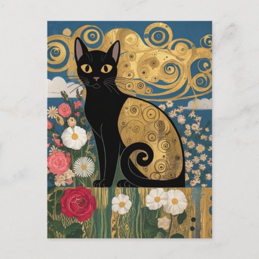 Gustav Klimt Bloemen Zwarte Kat, moderne eclectisc Briefkaart (Voorkant)