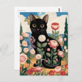 Gustav Klimt Bloemen Zwarte Kat Moderne Eclectisch Briefkaart (Voorkant / Achterkant)
