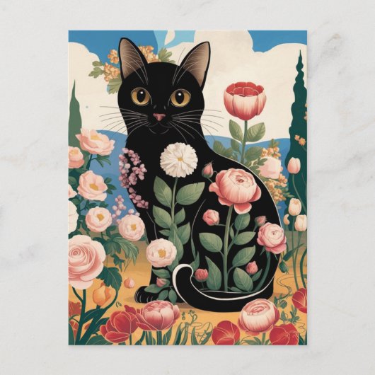 Gustav Klimt Bloemen Zwarte Kat Moderne Eclectisch Briefkaart (Voorkant)