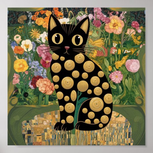 Gustav Klimt Bloemen Zwarte Kat Moderne Eclectisch Poster (Voorkant)