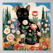 Gustav Klimt Bloemen Zwarte Kat Moderne Eclectisch Poster (Voorkant)