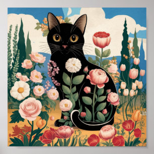 Gustav Klimt Bloemen Zwarte Kat Moderne Eclectisch Poster