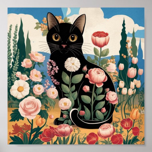 Gustav Klimt Bloemen Zwarte Kat Moderne Eclectisch Poster (Voorkant)