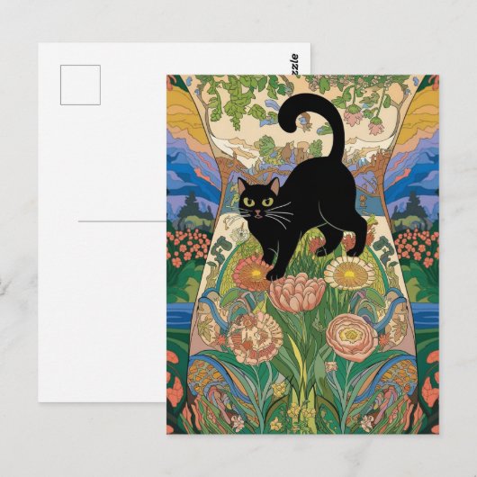 Gustav Klimt Bloemen Zwarte Kat Veranderde  Kunst Briefkaart (Voorkant / Achterkant)
