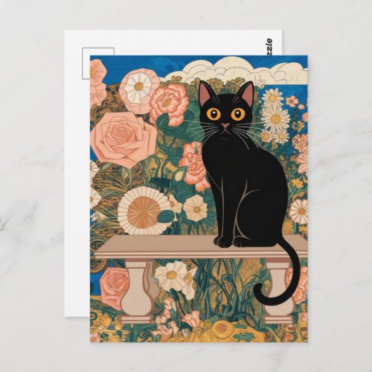 Gustav Klimt Bloemen Zwarte Kat Veranderde  Kunst Briefkaart (Voorkant / Achterkant)