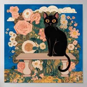 Gustav Klimt Bloemen Zwarte Kat Veranderde  Kunst Poster