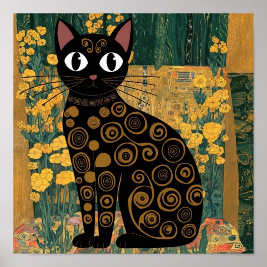 Gustav Klimt Bloemige Zwarte Kat Gewijzigde Vintag Poster (Voorkant)