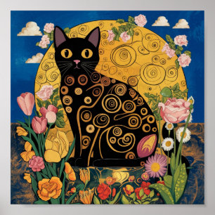 Gustav Klimt Bloemrijke Zwarte Kat, Moderne Eclect Poster