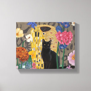 Gustav Klimt Bloemrijke Zwarte Kat, Vintage Eclect Canvas Afdruk