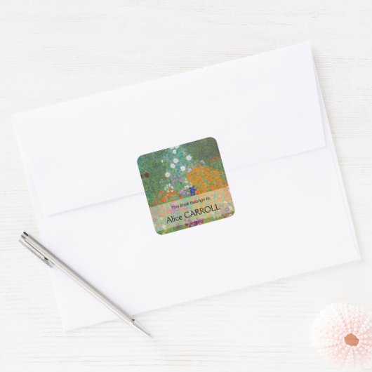 Gustav Klimt - Bloemtuin Vierkante Sticker (Envelop)