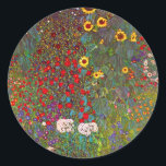 Gustav Klimt Boerderij Garden met zonnebloemen Ronde Sticker<br><div class="desc">Gustav Klimt Boerderij Garden met zonnebloemen stickers. Olieverf op canvas van 1905 tot 1906. Hoewel Klimt het meest wordt erkend voor zijn gouden periode die klassieke werken produceerde zoals The Kiss en Portret van Adele Bloch Bauer, produceerde de kunstenaar ook een aantal enorm charmante landschapsschilderijen. Boerderij van tuinen met zonnebloemen...</div>