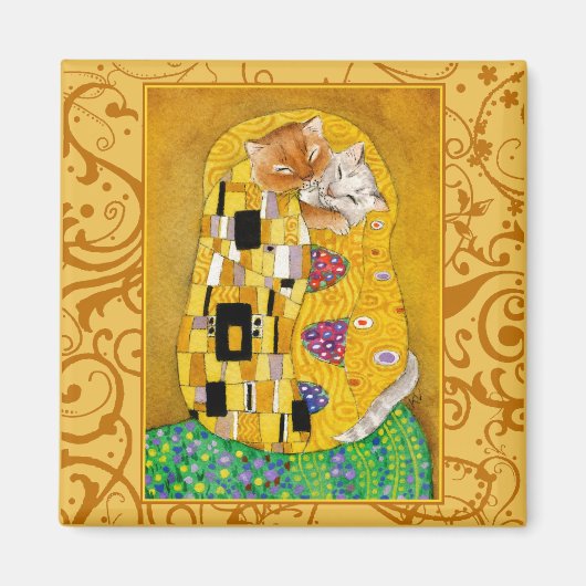Gustav Klimt Cat Kiss goud spoof magnet (Voorkant)