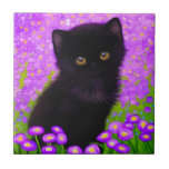 Gustav Klimt Cat Tegeltje<br><div class="desc">Keramische Tegel met een Gustav Klimt kat! Dit vloeiende kat zit in een groen veld van paarse bloemen. Een purr-fect cadeau voor kattenliefhebbers en Oostenrijkse kunstliefhebbers!</div>