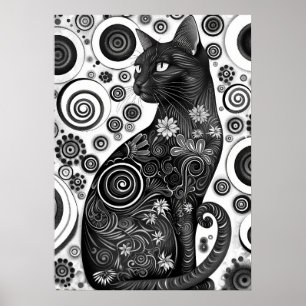 Gustav Klimt Geïnspireerd Zwart-wit Cat Poster