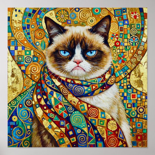 Gustav Klimt Grumpy Cat with Blue Eyes Poster (Voorkant)