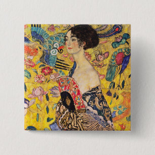 Gustav Klimt - Lady met Fan Vierkante Button 5,1 Cm
